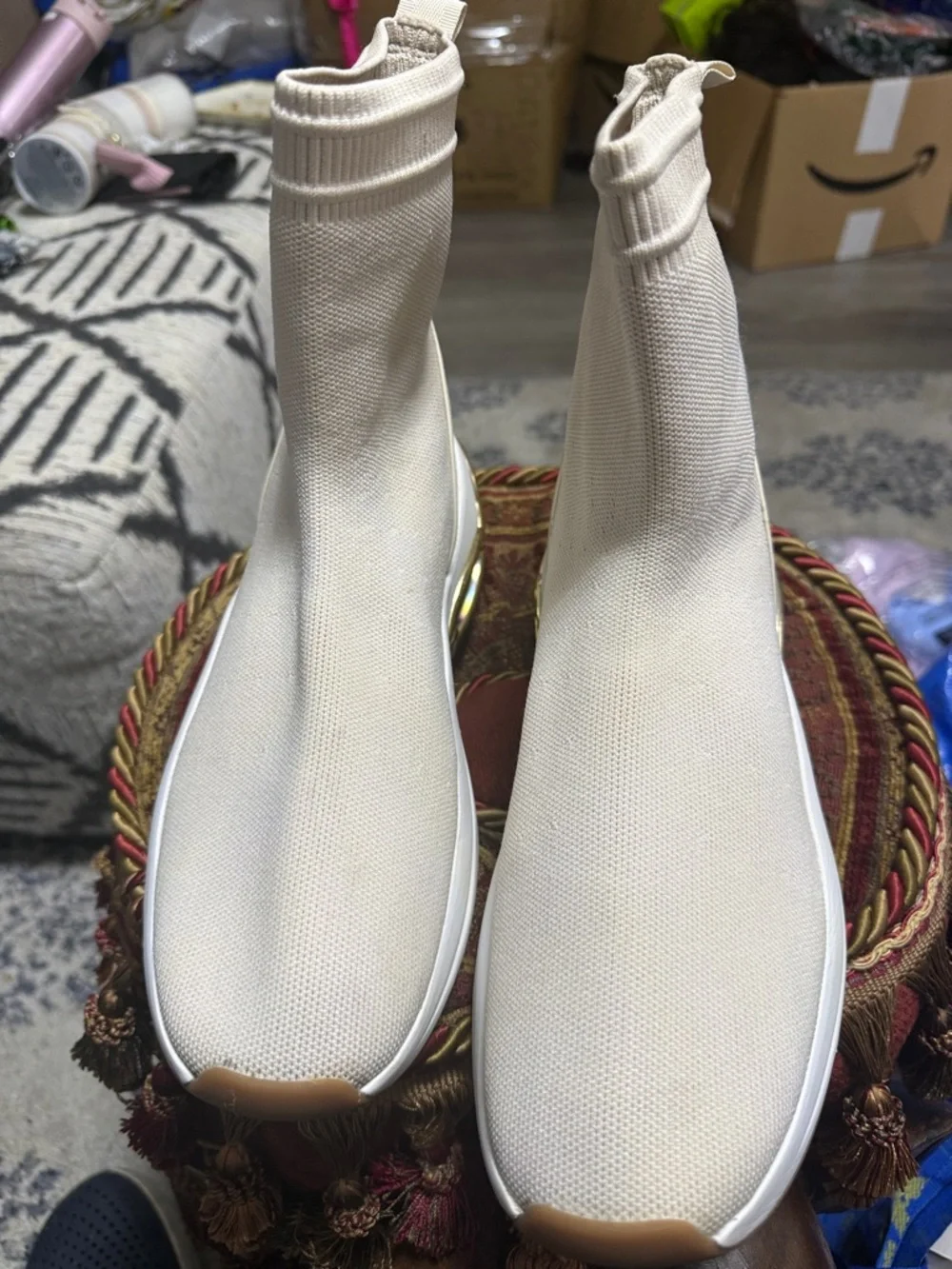 Michael Kors Cream Knit Sock Bootie with Gold Ring Detail - Picture 9 of 9